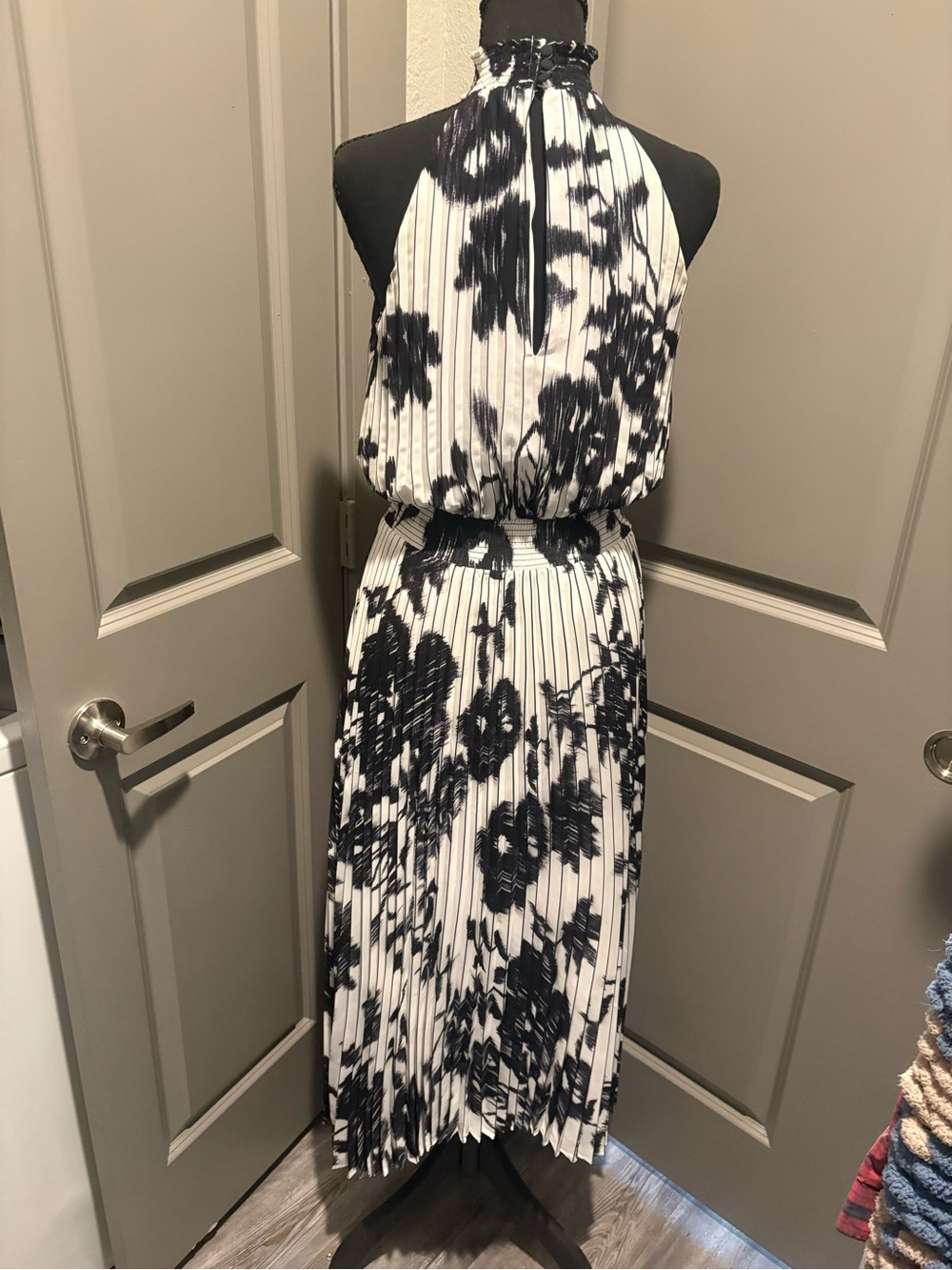 White House Black Market Black & White Pleated Halter Maxi Dress